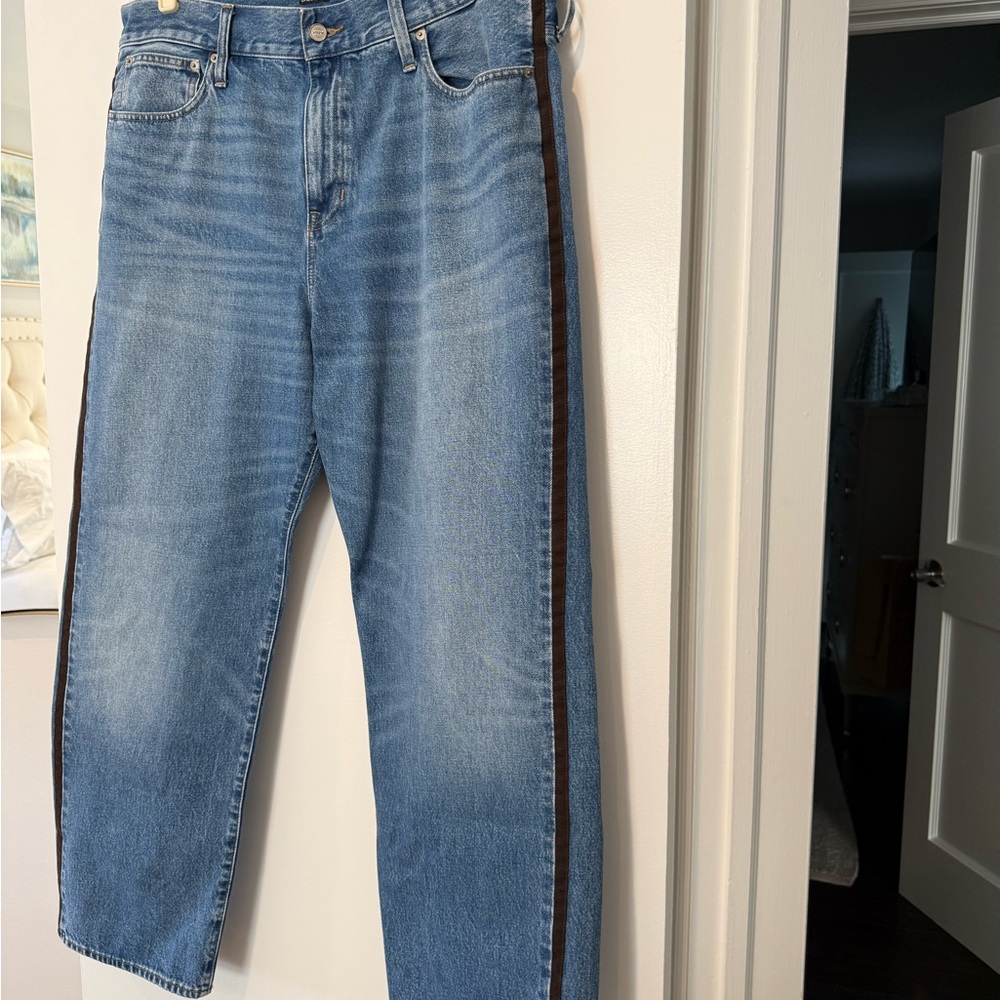 Women’s J.Crew Straight Leg Jeans with Brown Suede Side Stripe - Picture 2 of 6